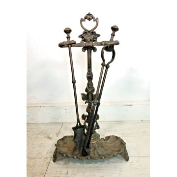 ANTICO SET 2 UTENSILI + PORTA ATTREZZI CAMINO BRONZO FIREPLACE STAND TOOL SET