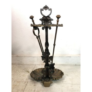 ANTICO SET 2 UTENSILI + PORTA ATTREZZI CAMINO BRONZO FIREPLACE STAND TOOL SET