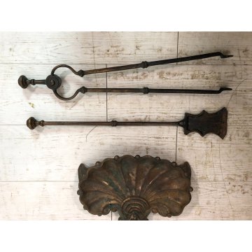 ANTICO SET 2 UTENSILI + PORTA ATTREZZI CAMINO BRONZO FIREPLACE STAND TOOL SET