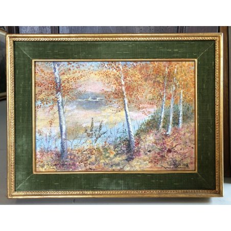 QUADRO DIPINTO OLIO TELA Pallanza PAESAGGIO BOSCO BETULLE LAGO CREPUSCOLO 1948