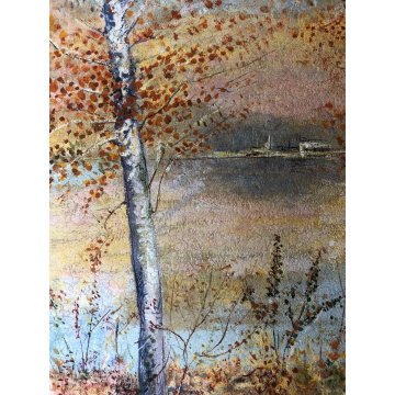 QUADRO DIPINTO OLIO TELA Pallanza PAESAGGIO BOSCO BETULLE LAGO CREPUSCOLO 1948