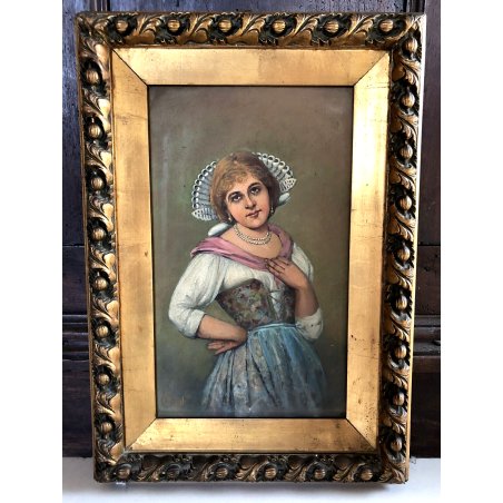 QUADRO DIPINTO OLIO COPIA D'AUTORE Fanciulla abito tradizionale PETROCELLI '900