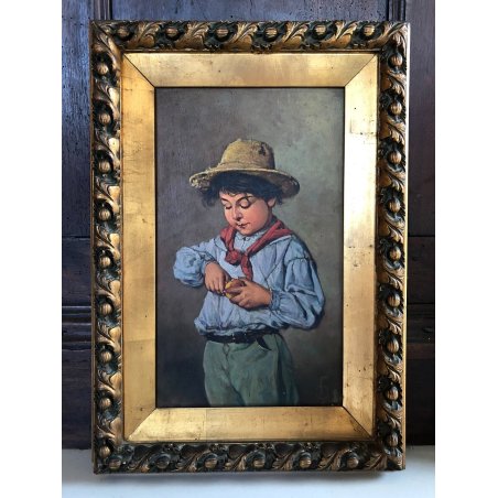 QUADRO DIPINTO OLIO COPIA D'AUTORE Ragazzo che sbuccia l'arancia PETROCELLI '900