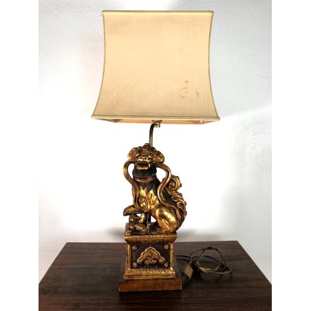 LAMPADA TAVOLO VINTAGE Foo Dog TABLE LAMP LEGNO RESINA OTTONE PARALUME 81,5 cm/h