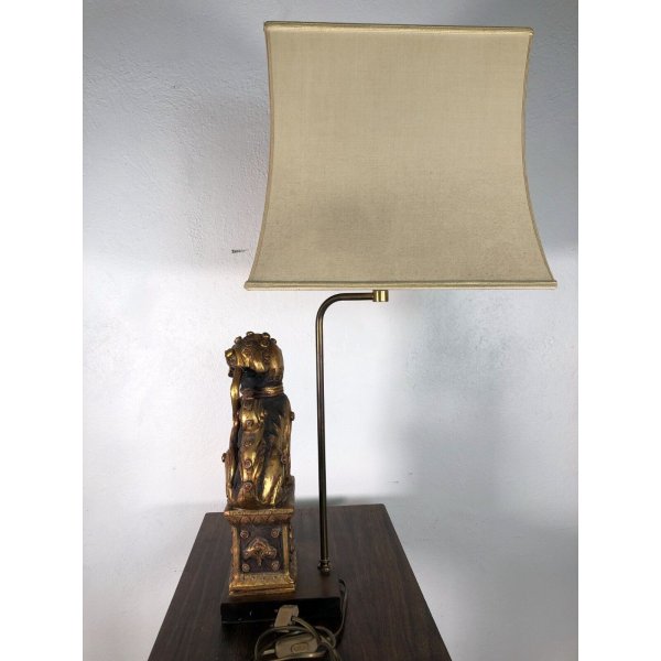 LAMPADA TAVOLO VINTAGE Foo Dog TABLE LAMP LEGNO RESINA OTTONE PARALUME 81,5 cm/h