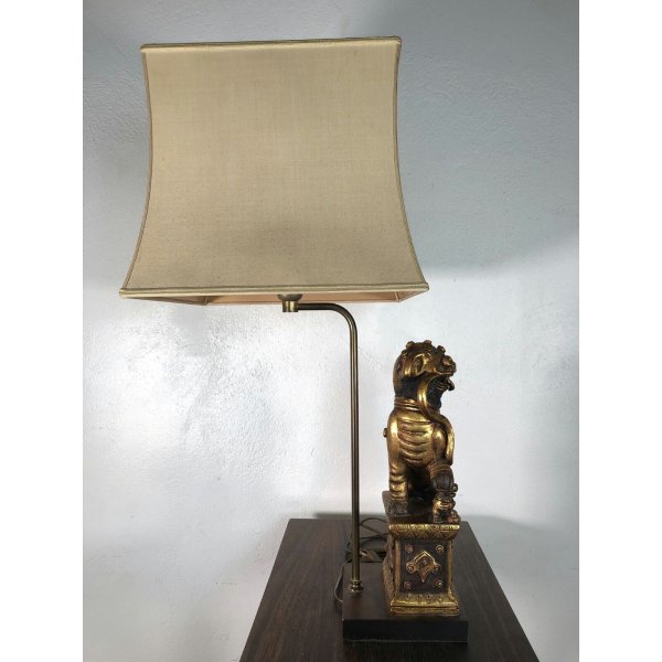 LAMPADA TAVOLO VINTAGE Foo Dog TABLE LAMP LEGNO RESINA OTTONE PARALUME 81,5 cm/h
