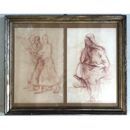 QUADRO COPPIA DISEGNO PREPARATORIO SANGUIGNA STUDIO FIGURA FEMMINILE H. L. 1933