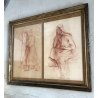 QUADRO COPPIA DISEGNO PREPARATORIO SANGUIGNA STUDIO FIGURA FEMMINILE H. L. 1933