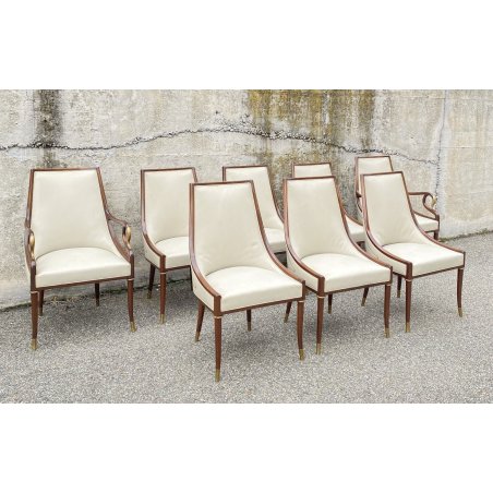 ANTICO SET 8 SEDIE BERGERE GONDOLA IMPERO FRANCESE MOGANO OTTONE PELLE ORO 1800