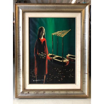 GRANDE QUADRO OLIO Eliano Fantuzzi NOTTURNO BARCHE RITRATTO FIGURA FEMMINILE '73