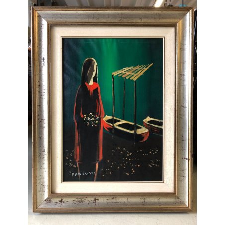 GRANDE QUADRO OLIO Eliano Fantuzzi NOTTURNO BARCHE RITRATTO FIGURA FEMMINILE '73
