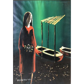 GRANDE QUADRO OLIO Eliano Fantuzzi NOTTURNO BARCHE RITRATTO FIGURA FEMMINILE '73