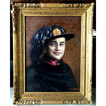 QUADRO DIPINTO OLIO P. G. Crida RITRATTO BERSAGLIERE UNIFORME MILITARE 1958