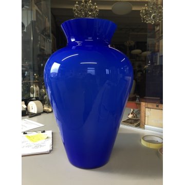 GRANDE VASO VETRO MURANO DESIGN Salviati "Opalini" BLU COBALTO ART GLASS 43 cm/h