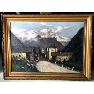 ANTICO QUADRO OLIO Carlo Moscardini PAESAGGIO ALPINO VEDUTA Monte Rosa PAESE 900