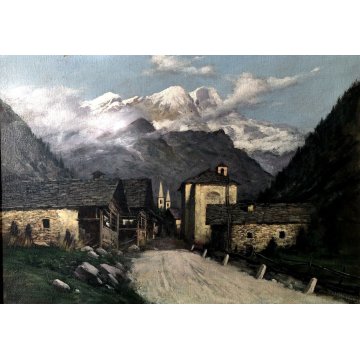 ANTICO QUADRO OLIO Carlo Moscardini PAESAGGIO ALPINO VEDUTA Monte Rosa PAESE 900