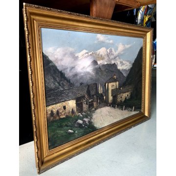 ANTICO QUADRO OLIO Carlo Moscardini PAESAGGIO ALPINO VEDUTA Monte Rosa PAESE 900