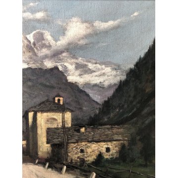 ANTICO QUADRO OLIO Carlo Moscardini PAESAGGIO ALPINO VEDUTA Monte Rosa PAESE 900