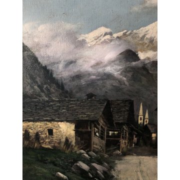 ANTICO QUADRO OLIO Carlo Moscardini PAESAGGIO ALPINO VEDUTA Monte Rosa PAESE 900