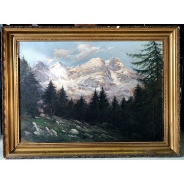 ANTICO QUADRO OLIO Carlo Moscardini PAESAGGIO ALPINO Monte Rosa SCORCIO PINETA