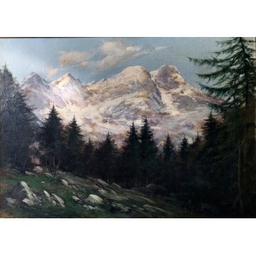 ANTICO QUADRO OLIO Carlo Moscardini PAESAGGIO ALPINO Monte Rosa SCORCIO PINETA