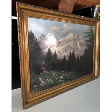 ANTICO QUADRO OLIO Carlo Moscardini PAESAGGIO ALPINO Monte Rosa SCORCIO PINETA