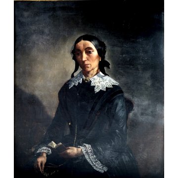 QUADRO DIPINTO OLIO TELA RITRATTO NOBILDONNA VITTORIANA LIBRO OCCHIALI EPOCA 800