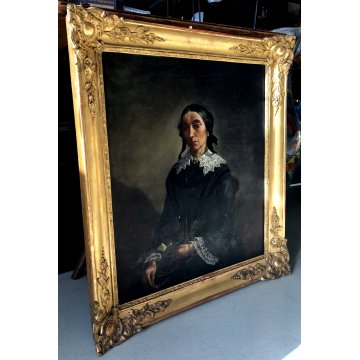 QUADRO DIPINTO OLIO TELA RITRATTO NOBILDONNA VITTORIANA LIBRO OCCHIALI EPOCA 800
