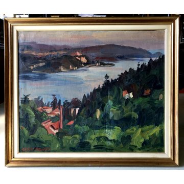 DIPINTO OLIO Carlo Monti PAESAGGIO VEDUTA COLLINE LAGO MAGGIORE CASTELLO ANGERA