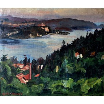 DIPINTO OLIO Carlo Monti PAESAGGIO VEDUTA COLLINE LAGO MAGGIORE CASTELLO ANGERA