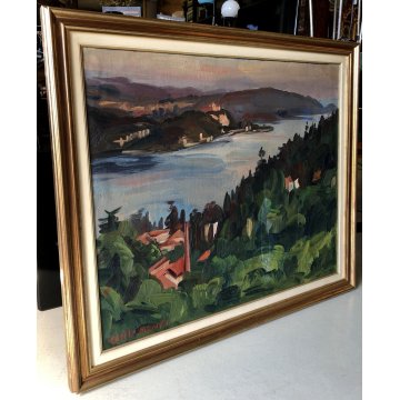 DIPINTO OLIO Carlo Monti PAESAGGIO VEDUTA COLLINE LAGO MAGGIORE CASTELLO ANGERA