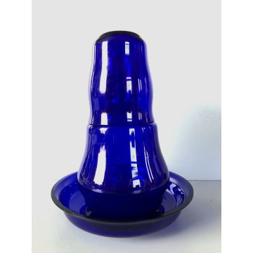 ANTICO SET COMODINO BOTTIGLIA ACQUA NOTTE PIATTO BICCHIERE VETRO BLU COBALTO '20