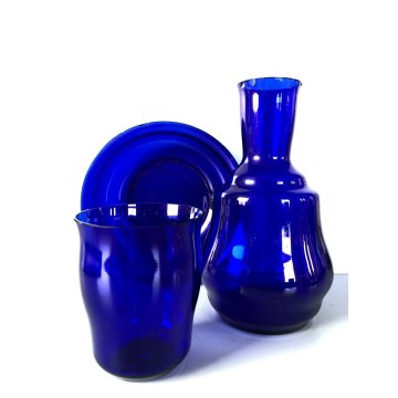ANTICO SET COMODINO BOTTIGLIA ACQUA NOTTE PIATTO BICCHIERE VETRO BLU COBALTO '20