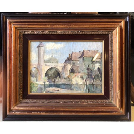 ANTICO QUADRO DIPINTO OLIO Valdemi VEDUTA PAESAGGIO PONTE BORGO MEDIOEVALE '900