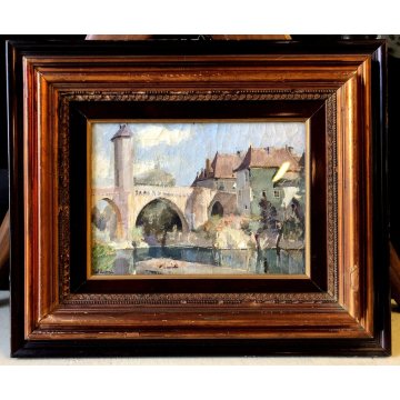 ANTICO QUADRO DIPINTO OLIO Valdemi VEDUTA PAESAGGIO PONTE BORGO MEDIOEVALE '900