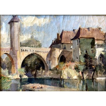ANTICO QUADRO DIPINTO OLIO Valdemi VEDUTA PAESAGGIO PONTE BORGO MEDIOEVALE '900
