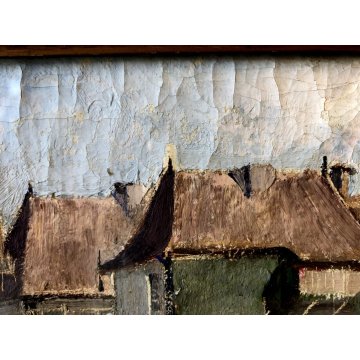 ANTICO QUADRO DIPINTO OLIO Valdemi VEDUTA PAESAGGIO PONTE BORGO MEDIOEVALE '900