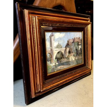 ANTICO QUADRO DIPINTO OLIO Valdemi VEDUTA PAESAGGIO PONTE BORGO MEDIOEVALE '900