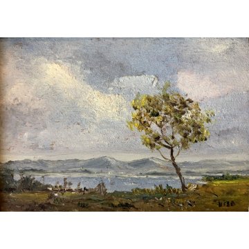 ANTICO PICCOLO QUADRO DIPINTO OLIO Niso VEDUTA PAESAGGIO LAGO COLLINE ALBERO