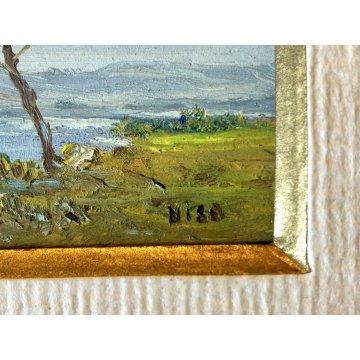 ANTICO PICCOLO QUADRO DIPINTO OLIO Niso VEDUTA PAESAGGIO LAGO COLLINE ALBERO