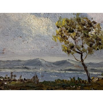 ANTICO PICCOLO QUADRO DIPINTO OLIO Niso VEDUTA PAESAGGIO LAGO COLLINE ALBERO