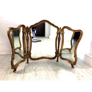 ANTICO RARO SPECCHIO da TAVOLO SPECCHIERA TRITTICO LEGNO CORNICE SAGOMATA DORATA