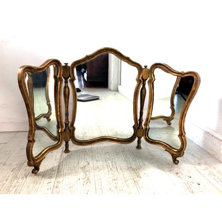 ANTICO RARO SPECCHIO da TAVOLO SPECCHIERA TRITTICO LEGNO CORNICE SAGOMATA DORATA