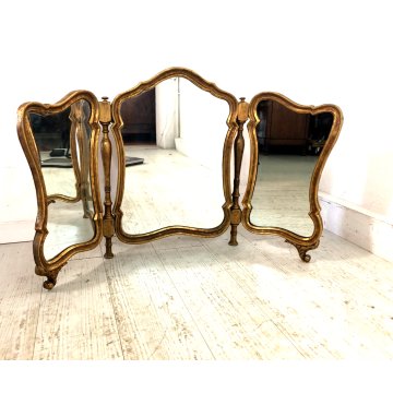 ANTICO RARO SPECCHIO da TAVOLO SPECCHIERA TRITTICO LEGNO CORNICE SAGOMATA DORATA