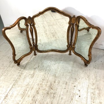 ANTICO RARO SPECCHIO da TAVOLO SPECCHIERA TRITTICO LEGNO CORNICE SAGOMATA DORATA