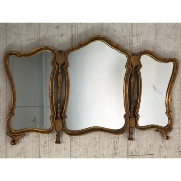ANTICO RARO SPECCHIO da TAVOLO SPECCHIERA TRITTICO LEGNO CORNICE SAGOMATA DORATA
