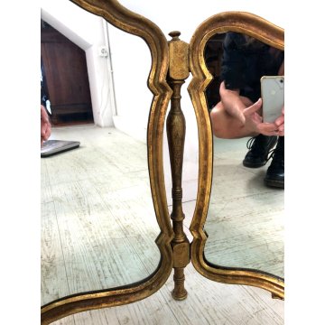 ANTICO RARO SPECCHIO da TAVOLO SPECCHIERA TRITTICO LEGNO CORNICE SAGOMATA DORATA