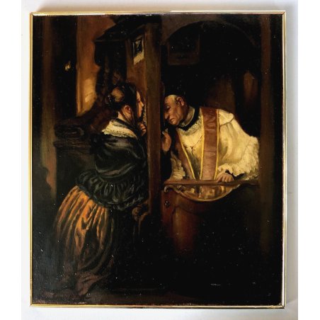 ANTICO DIPINTO OLIO R. Crippa COPIA D'AUTORE "La Confessione" G. Molteni