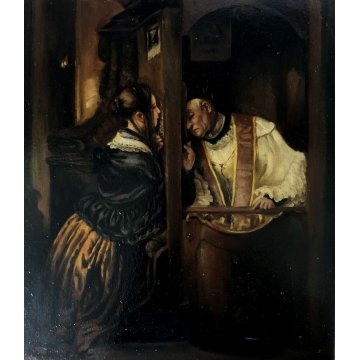 ANTICO DIPINTO OLIO R. Crippa COPIA D'AUTORE "La Confessione" G. Molteni