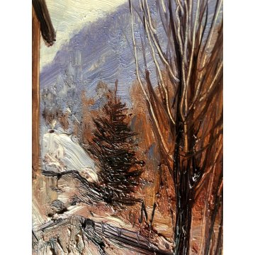 PICCOLO DIPINTO Elvezio Bragonzi "Pomeriggio a Macugnaga" MONTAGNA BOSCO NEVE 73